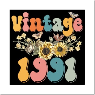 Vintage 1991 Sunflower Floral Retro Groovy 32nd Birthday Posters and Art